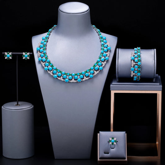 Noble Turquoise Necklace And Earring 4pcs Set New Fashion Wedding Party Bridal Jewelry Sets for Women