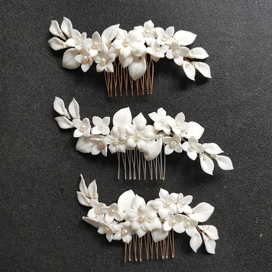 SLBRIDAL Handmade Crystal Rhinestone Pearls Ceramic Flower Bridal Hair Comb Wedding Hair Accessories Bridesmaids Women Jewelry