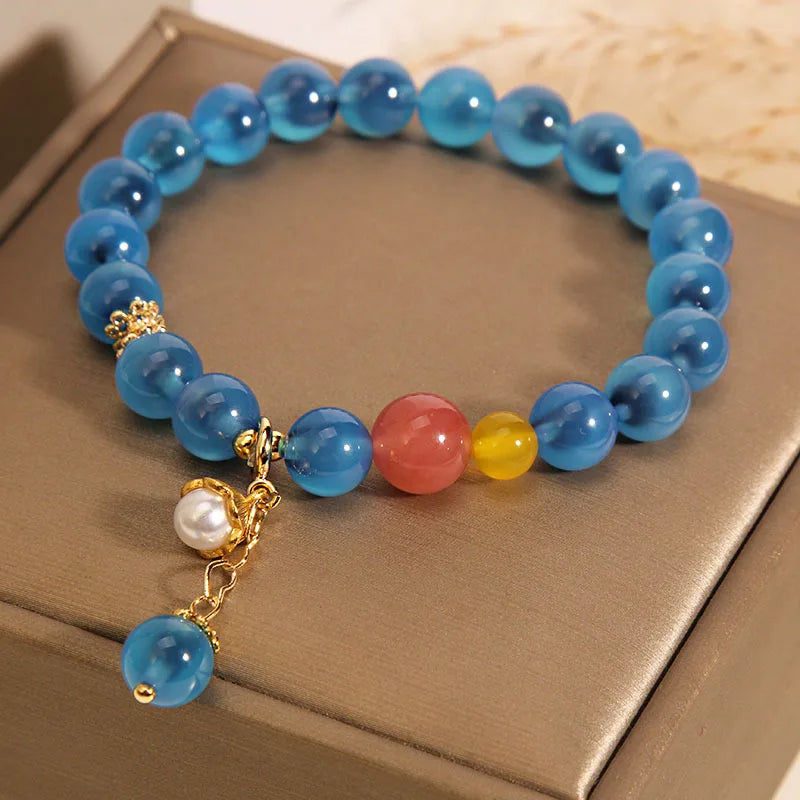 Natural Blue Sugar Heart Agate Bracelets Women's High End Money Bag Pendant Crystal Beaded Bangles Birthday Party Jewelry