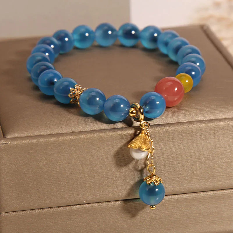 Natural Blue Sugar Heart Agate Bracelets Women's High End Money Bag Pendant Crystal Beaded Bangles Birthday Party Jewelry