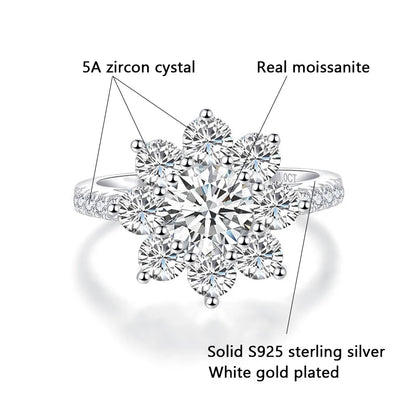 Moissanite Luxury Sun Flower Ring 2 Carat Diamond Lotus Ring Women Fancy Wedding Rings Sterling Silver Fine Jewelry Set