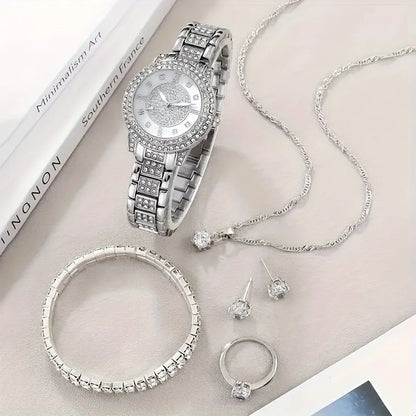 Radiant Luxury Rhinestone Womens Quartz Watch & Jewelry Set - Premium Rome Numerals, Analog Display, 6-Piece Collection