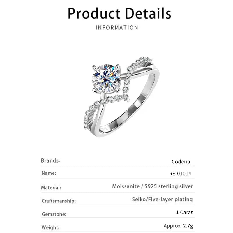 Pass Diamond Test D Color 1 Carat Moissanite Wedding Ring High Quality 18K White Gold Rings Fashion Sterling Silver Jewelry