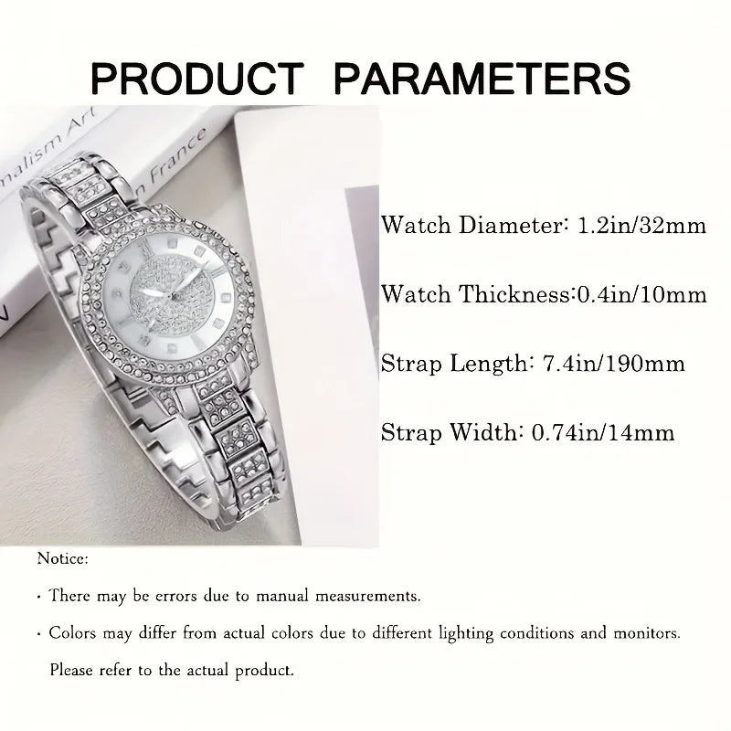 Radiant Luxury Rhinestone Womens Quartz Watch & Jewelry Set - Premium Rome Numerals, Analog Display, 6-Piece Collection