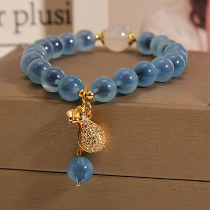 Natural Blue Sugar Heart Agate Bracelets Women's High End Money Bag Pendant Crystal Beaded Bangles Birthday Party Jewelry