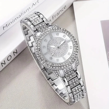 Radiant Luxury Rhinestone Womens Quartz Watch & Jewelry Set - Premium Rome Numerals, Analog Display, 6-Piece Collection